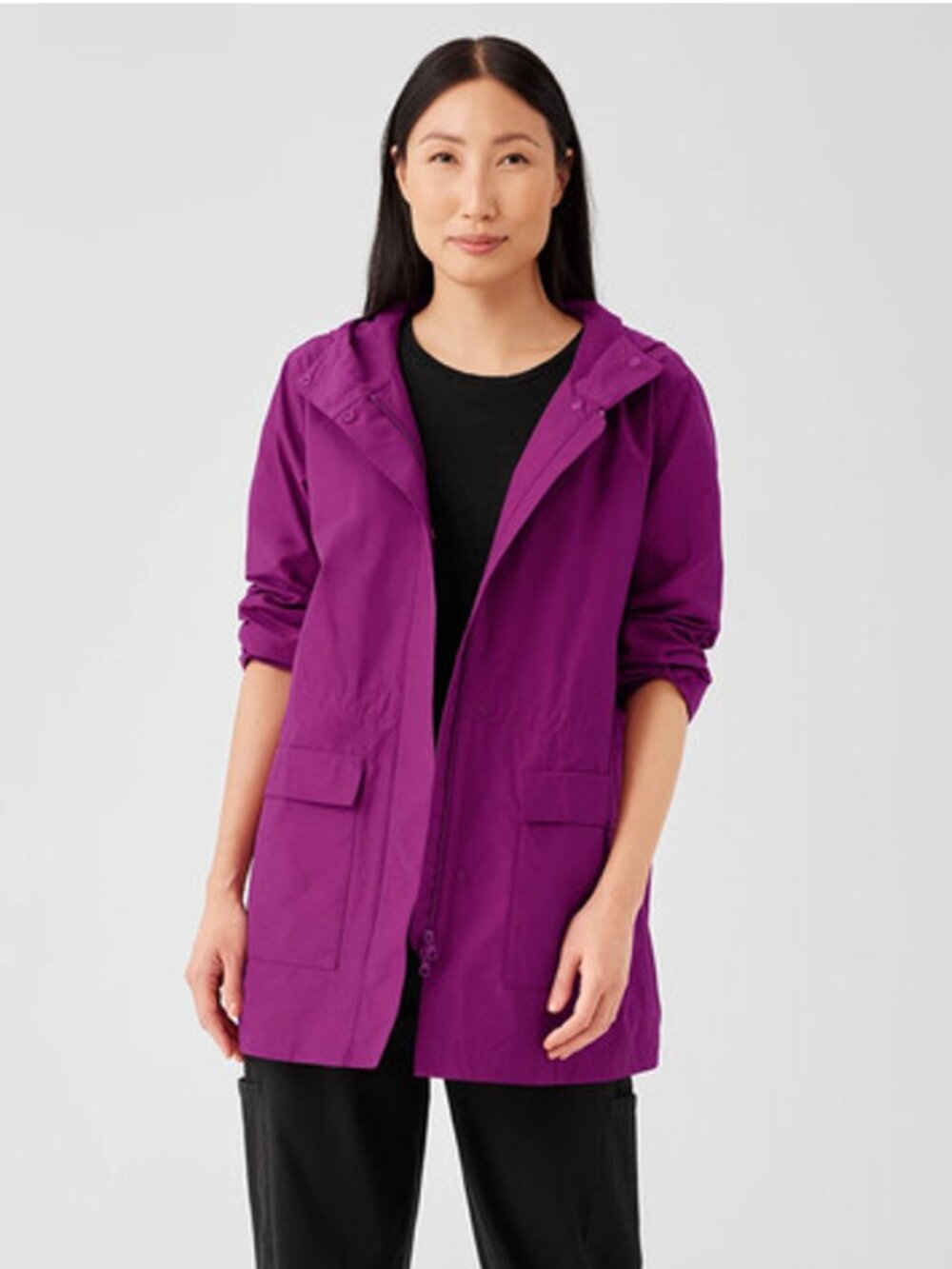 Eileen Fisher Hooded Coat XXS Fuchsia Organic Cotton Nylon Jacket